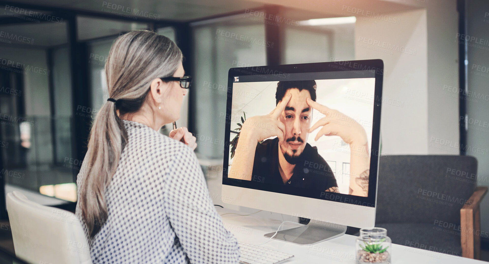 Buy stock photo Video call, woman and man on computer screen for therapy with stress, anxiety and mental health in business. Telehealth, therapist and person with depression in virtual meeting for advice in office