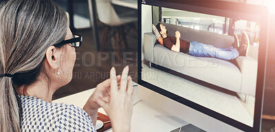 Buy stock photo Video call, woman and man on screen for therapy with stress, anxiety and mental health in office. Telehealth, therapist and person with depression in virtual counseling on computer for advice on sofa