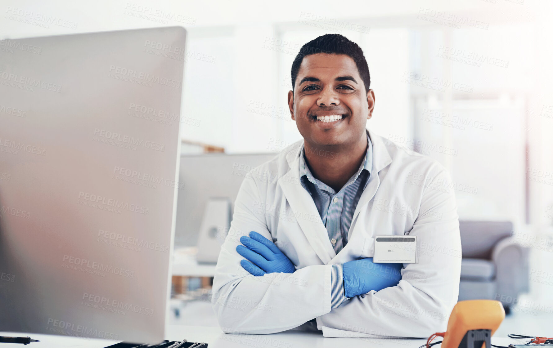 Buy stock photo Electrical, professional and engineer with multimeter for science, tech development or troubleshooting. Portrait, happy man or industrial scientist with technology for circuitry, design or hardware