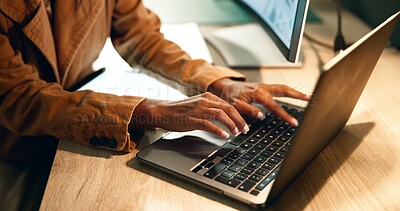 Buy stock photo Hands, woman and computer for online work, dark and night for deadline. Pressure, typing and journalist for female person in office and rush, technology and project for headline article on laptop