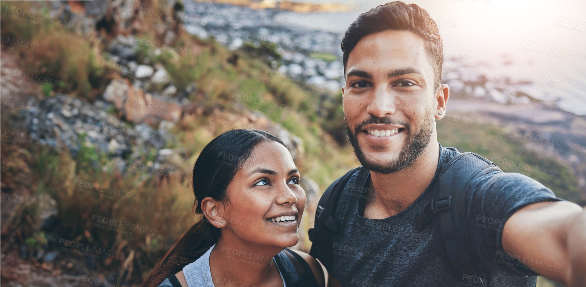 Buy stock photo Hiking, selfie and smile with couple in mountains together for memories of exercise, fitness or hobby. Adventure, journey or romance with happy man and woman hiker outdoor in nature for recreation