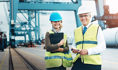 Buy stock photo Mature man, woman and logistics at port in portrait, smile or helmet by rail for supply chain management. People, happy and mentorship at harbor with cargo, distribution and storage in Portugal