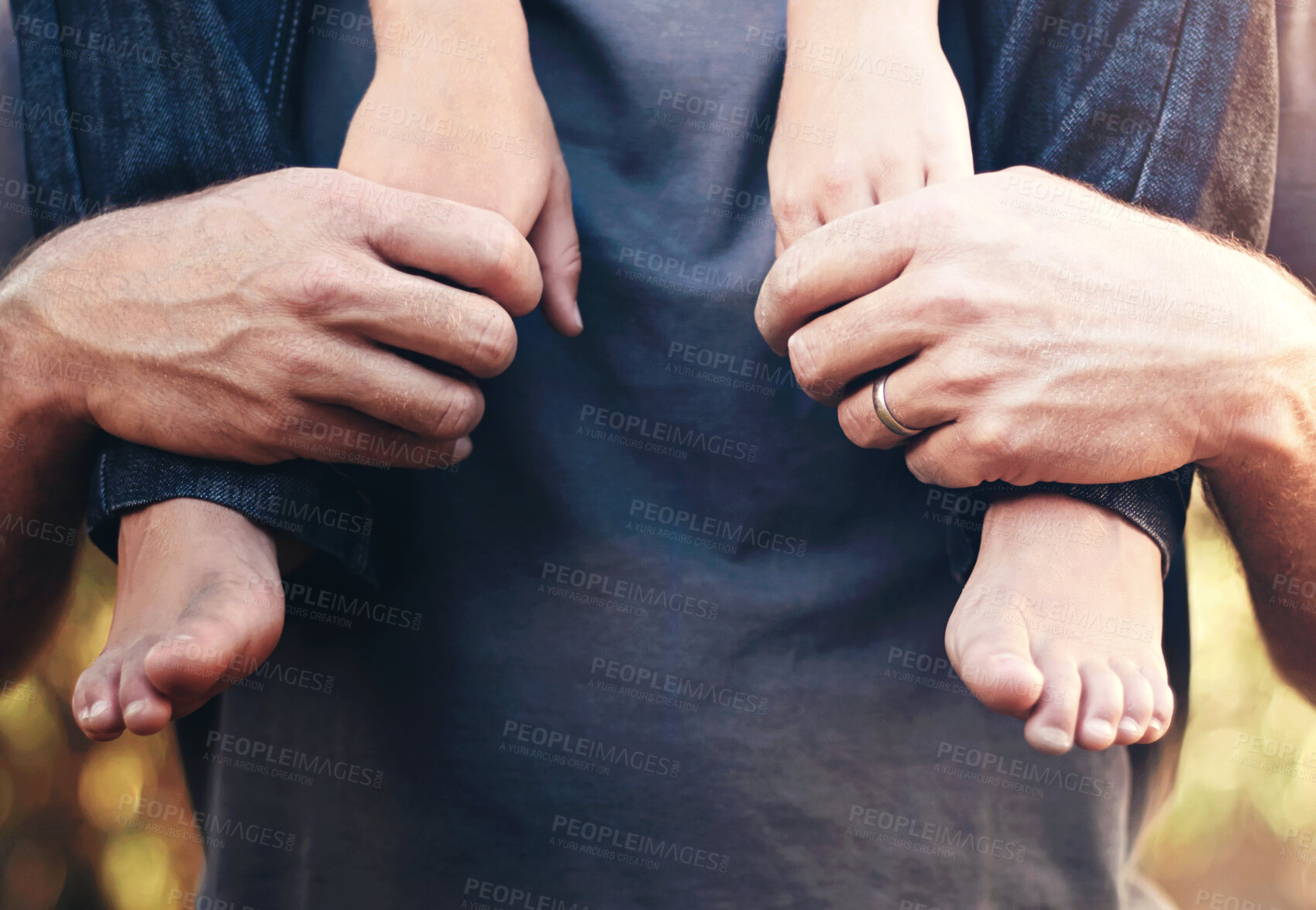 Buy stock photo Piggyback, support and feet of child with parent in nature for care, bonding and love together. Playful, summer and game with closeup of person carrying kid in outdoors for holiday and family