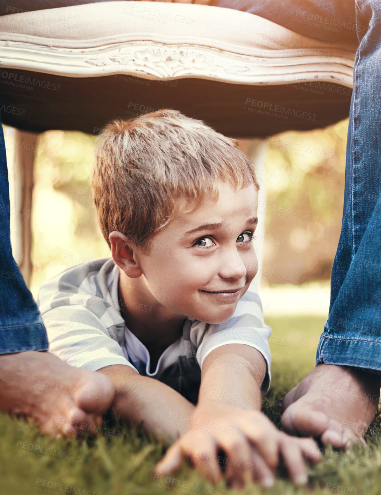 Buy stock photo Chair, crawl and portrait of boy with parent outdoor in garden for child development or growth. Face, grass and smile of happy kid in backyard or garden with family for curiosity, fun or playing