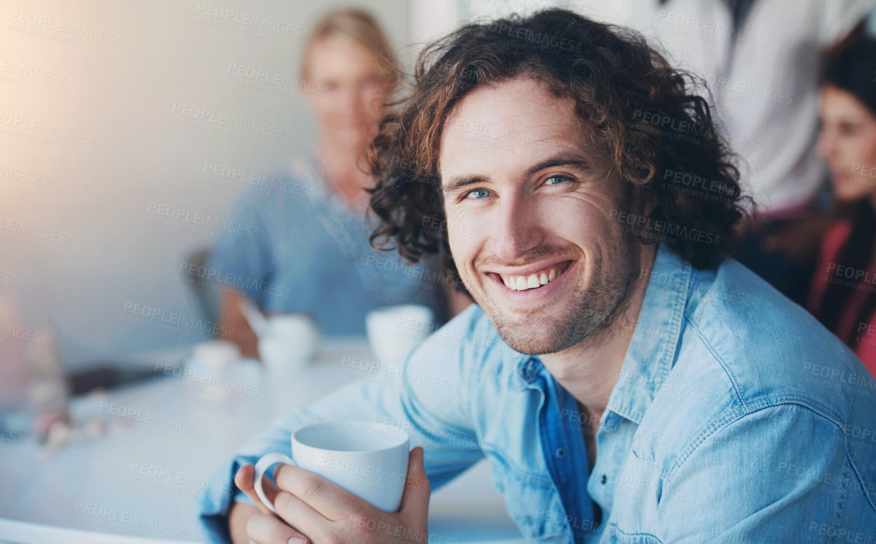 Buy stock photo Meeting, office and portrait of happy business man with confidence, company pride and smile. Creative startup, marketing agency and worker with drink, caffeine and coffee on break in morning briefing