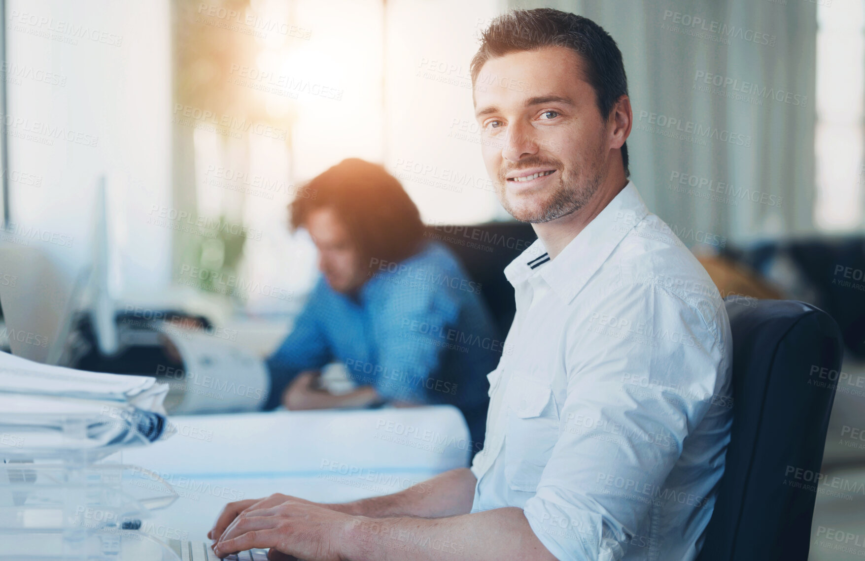 Buy stock photo Portrait, typing and happy businessman on computer for email, publishing and author in startup for coworking. Face, office manager and keyboard for writing creative article, story blog and report