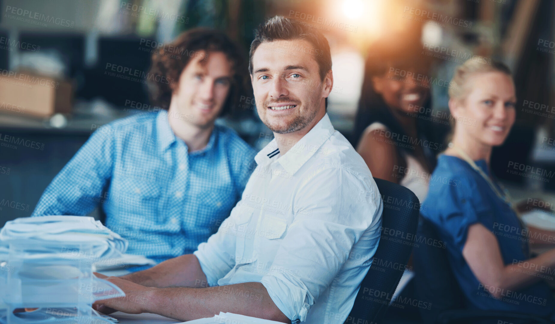 Buy stock photo Portrait, business people and man in office, teamwork and lens flare with cooperation. Employees, group and coworkers in workplace, journalist and research for article, magazine editor or copywriting