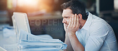 Buy stock photo Man, computer and stress for finance in office, budget crisis and reading report for company. Male person, online and accountant for tax mistake or check update on economy disaster, site and glitch