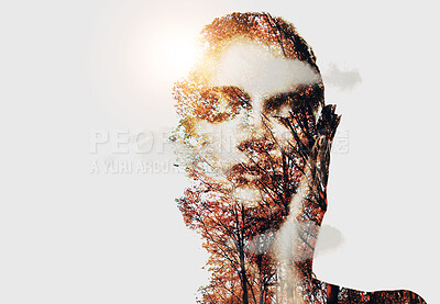 Buy stock photo Art, double exposure and face of woman with forest, thinking and natural beauty aesthetic. Relax, autumn skincare and girl on calm white background with overlay of trees, nature and mockup space