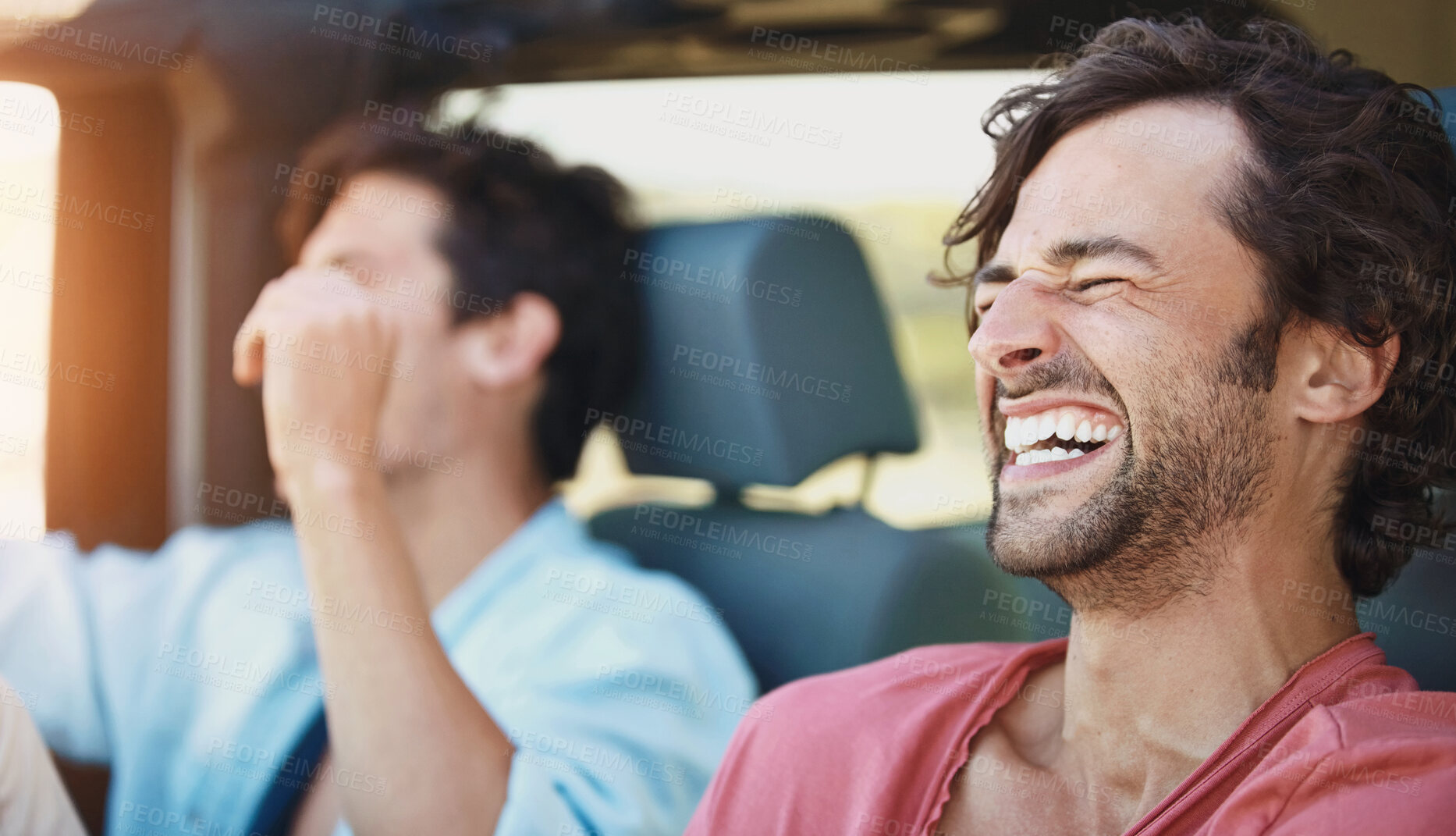 Buy stock photo Car, laughing and men on road trip together for outdoor adventure, transport and relax on vacation. Travel, journey and happy friends in van for drive, holiday and funny bonding on carefree getaway