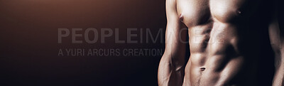 Buy stock photo Muscular man, fitness and banner with abs for exercise, training or workout results on a studio background. Closeup, bodybuilder or topless model with muscle for physical activity on mockup space