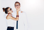 Playful, students and love with couple in studio for youth, partnership and high school relationship. Connection, happiness and care with man and woman on white background for date and affection