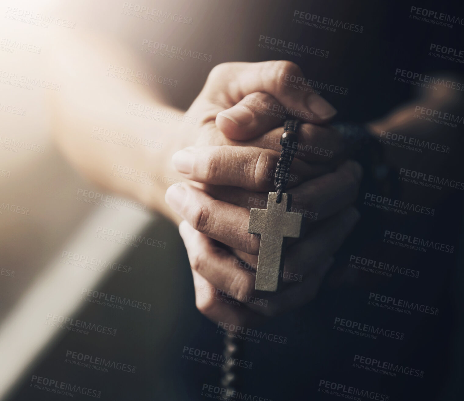 Buy stock photo Hands, cross or person with holy rosary, religion or prayer with confession, beads or belief. Christian, closeup and thank you with gratitude, necklace or hope with peace, trust or faith with worship