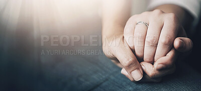 Buy stock photo Closeup, couple and holding hands for support, compassion and sympathy with grief. People, lens flare and love with hope, care and empathy with loss, commitment and relationship with gratitude