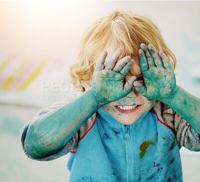 Buy stock photo Paint, toddler and eyes covered for fun, joy and childhood in nursery, playroom or family home. Little boy, smile and peekaboo as messy, goofy and dirty for development, kindergarten and happiness