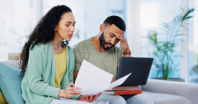 Buy stock photo Frustrated couple, headache and documents with laptop for expenses, bills or financial problems on sofa at home. Young, man and woman with stress, paperwork or invoices for debt or mortgage at house