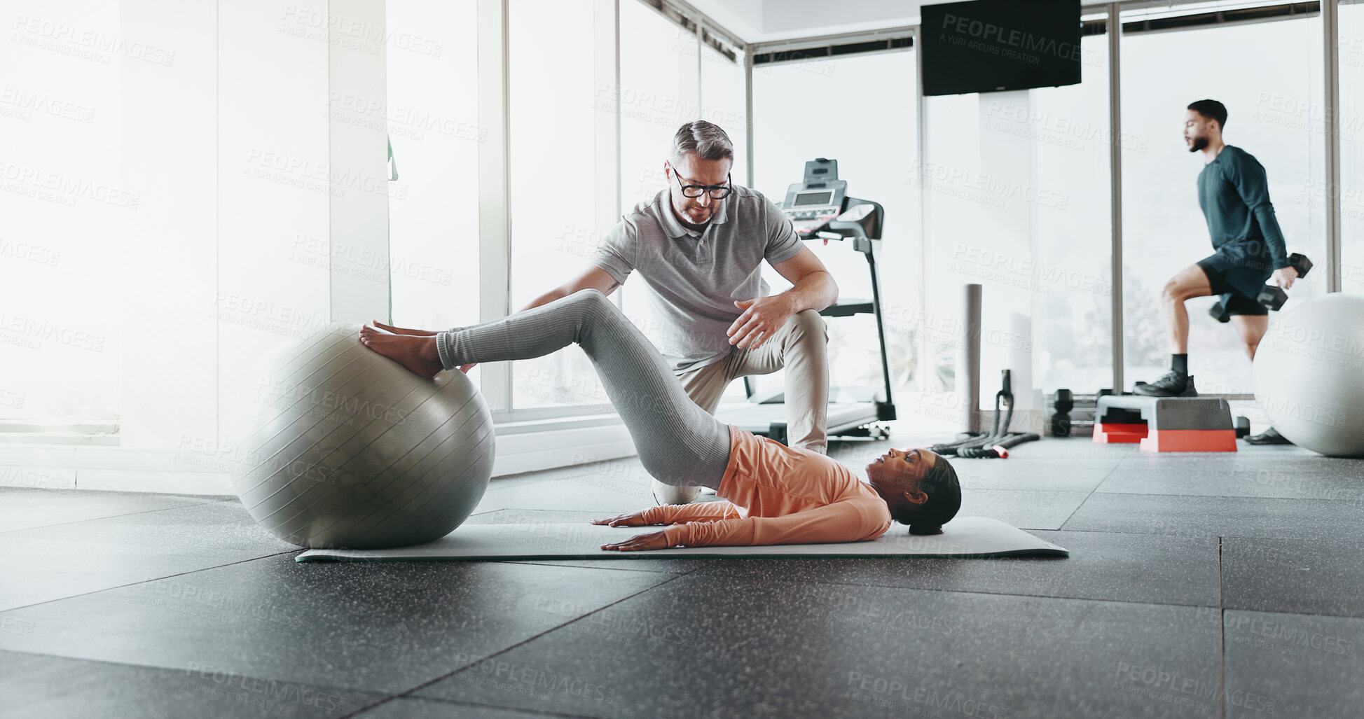 Buy stock photo Personal trainer, workout and woman with medicine ball in gym with training, exercise and wellness coaching. Professional, support and core with abs, fitness gear and athlete at health and sport club