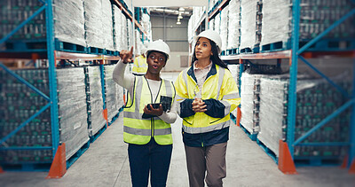 Buy stock photo Clipboard, collaboration and inspection with people in storage depot for supply chain management. Discussion, pointing and walking with team in warehouse for manufacturing, retail or shipping