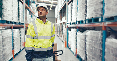 Buy stock photo Logistics, man and trolley in warehouse with packaging, storage and shelf for loading. Export, worker and boxes in inventory for shipping, inventory management and distribution of goods at supplier