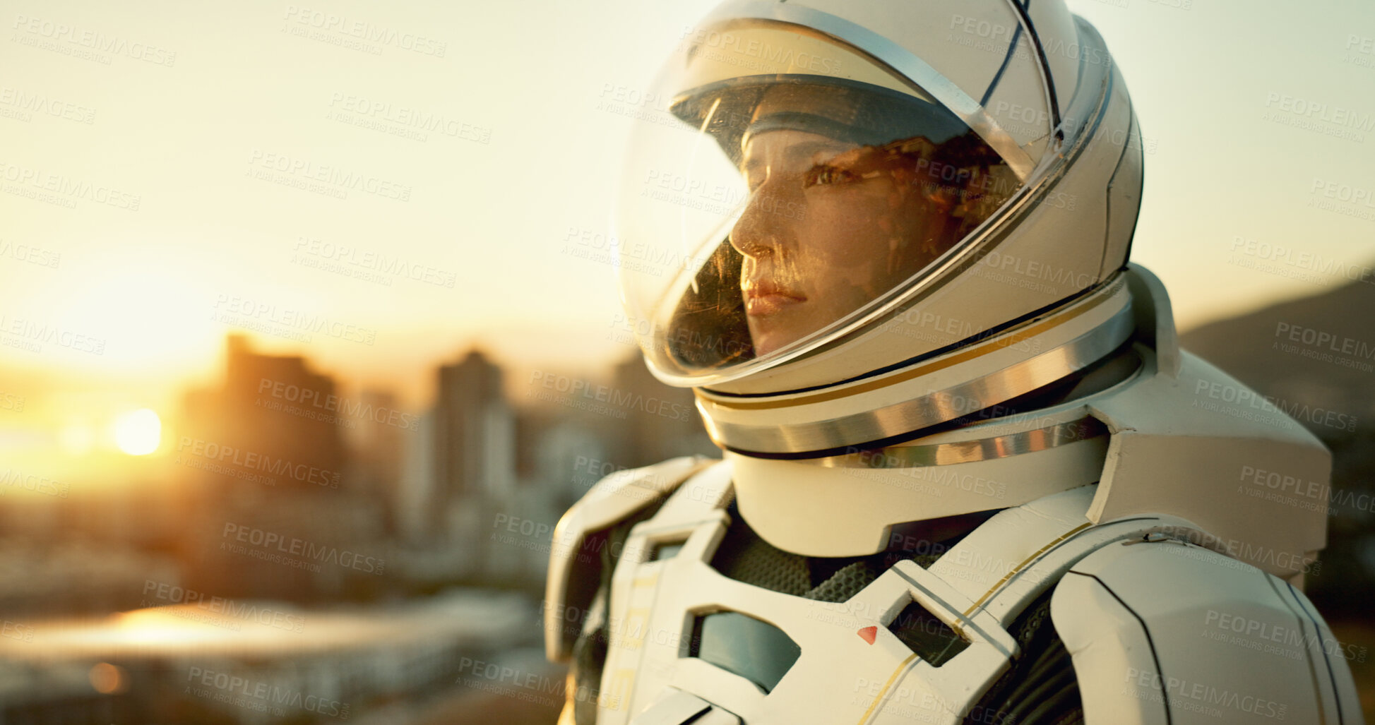 Buy stock photo Woman, astronaut and thinking in city for future survival, planet dystopia and spacesuit of aerospace mission. Earth. person and view for emergency safety, sci fi journey or adventure of urban travel