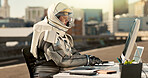 Typing, city and astronaut with computer in road for business project with interstellar report for mission. Tech, person and space pilot at desk working on discovery of civilization on bridge in town