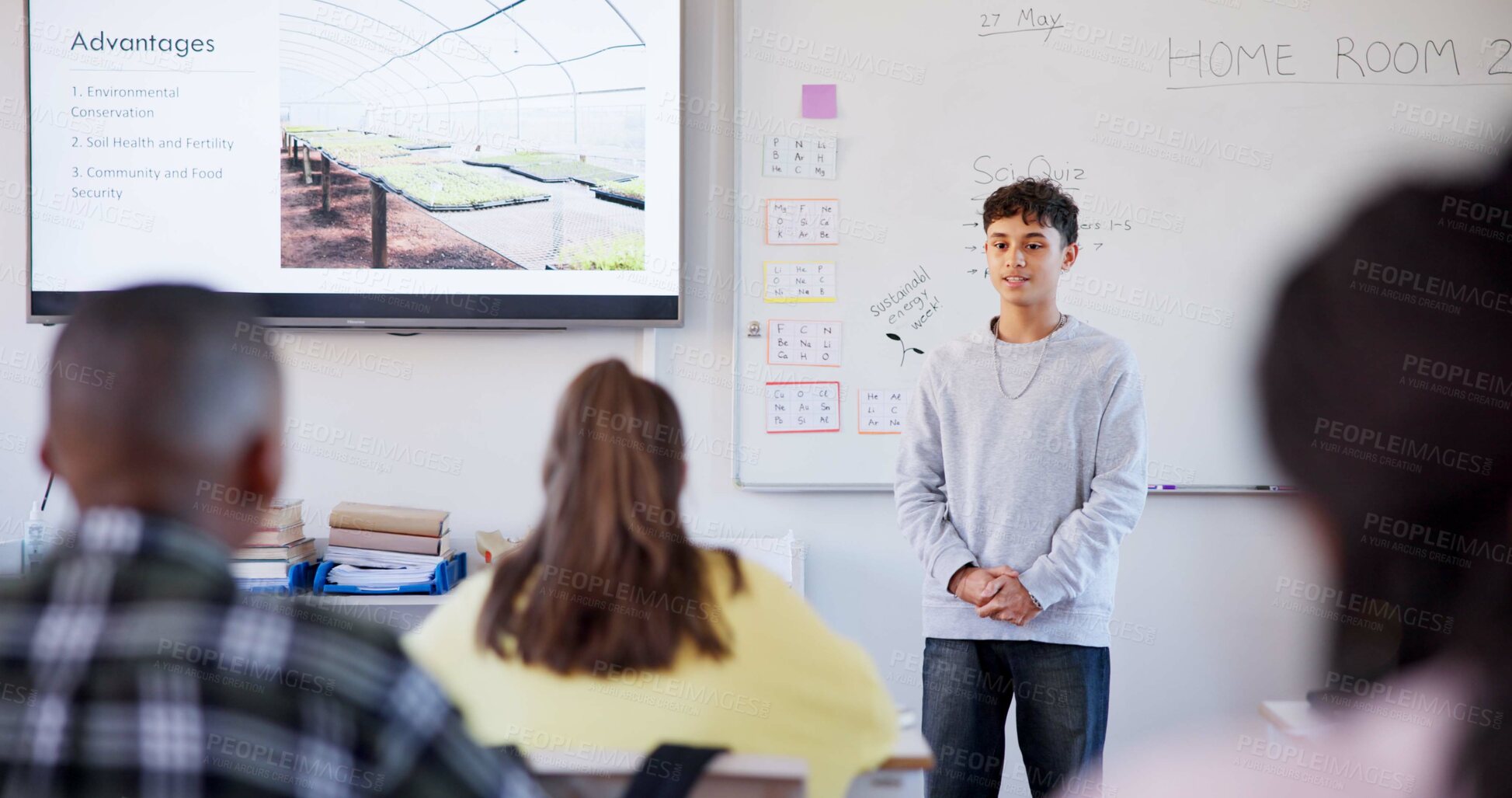 Buy stock photo Learning, agriculture and presentation with student in classroom for education, sustainability and energy. Environment, global warming and future with people for course, development and academy.