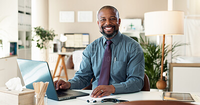 Buy stock photo Black man, doctor and portrait in office with laptop, desk and email for web consultation. Hospital, wellness and healthcare professional with confidence and online medical support or help on tech