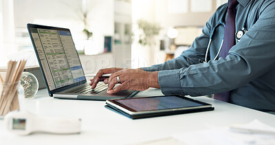 Buy stock photo Typing, doctor and hands with laptop, planning and information of health records, wellness and office in hospital. Healthcare, working and person with app for info, professional or analysis in clinic