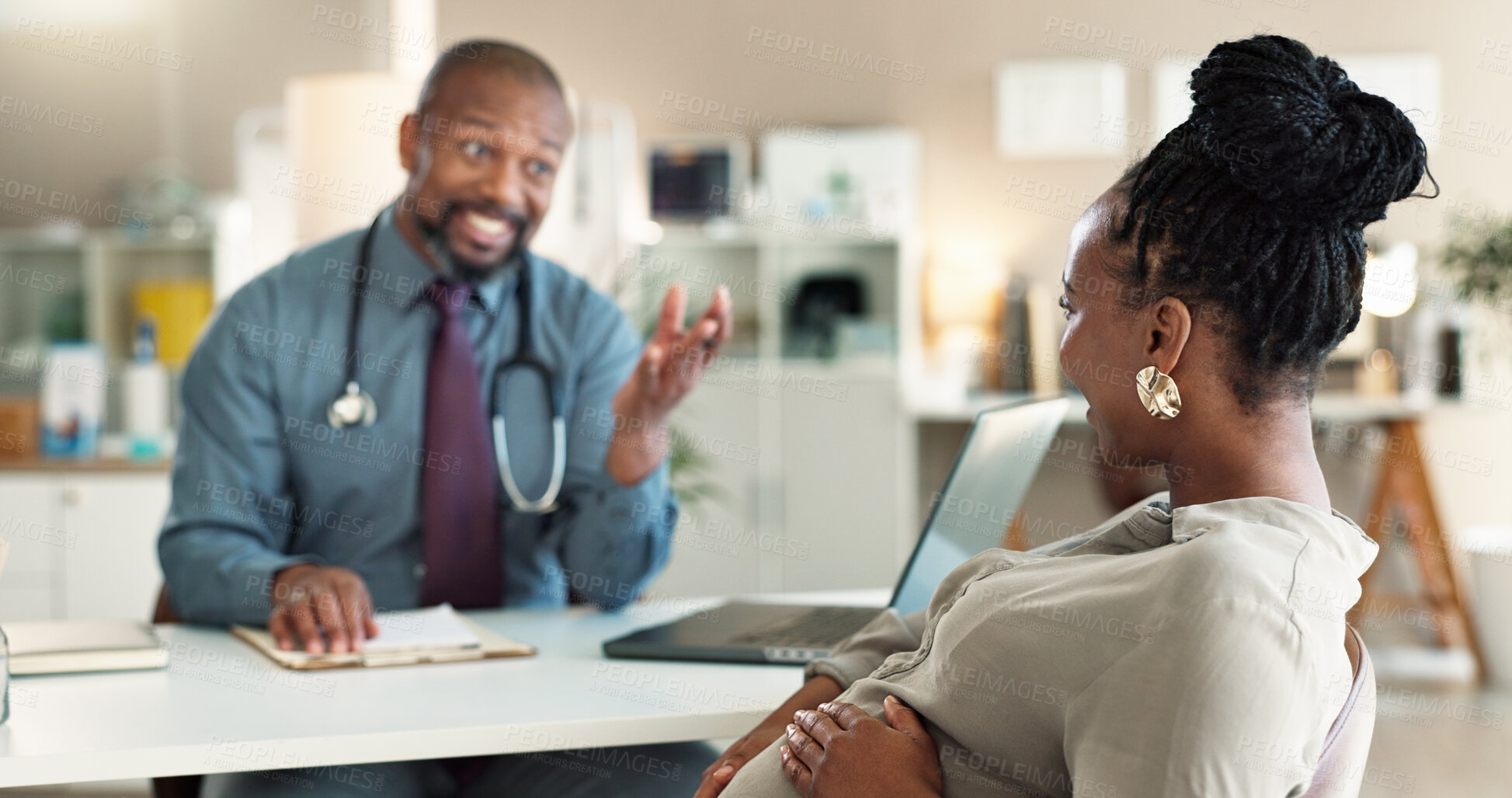 Buy stock photo Healthcare, maternal or pregnancy with doctor and patient in office at hospital for consulting or feedback. Conversation, prenatal and medical professional man talking to pregnant woman in clinic