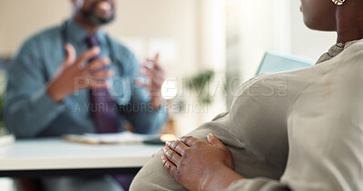 Buy stock photo Pregnant, checkup and woman with stomach, clinic and smile for family planning, doctor and healthcare. Medical appointment, communication and monitor for signs of preeclampsia and gynecologist