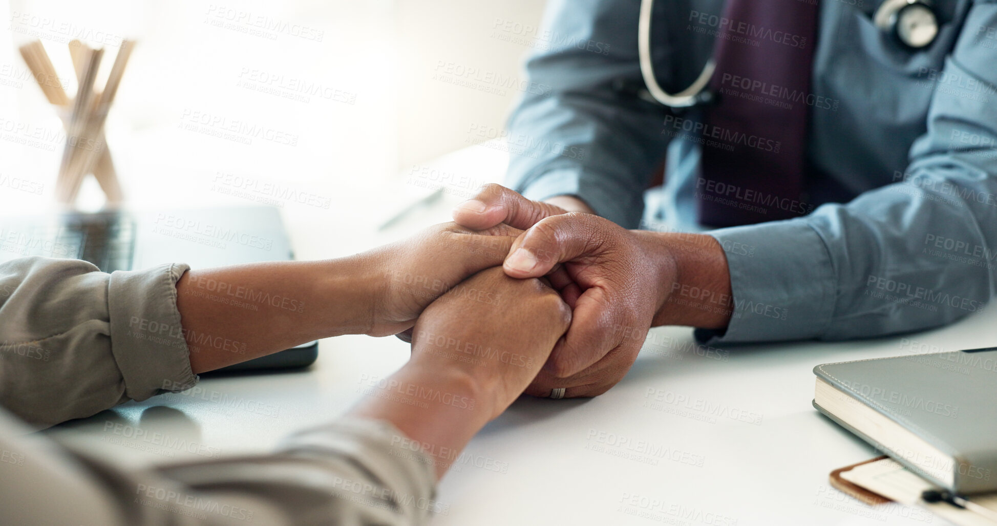 Buy stock photo Holding hands, doctor and support with patient, healthcare and empathy of person at medical consultation. Hospital, wellness and clinic office with help, advice and kindness for rehabilitation