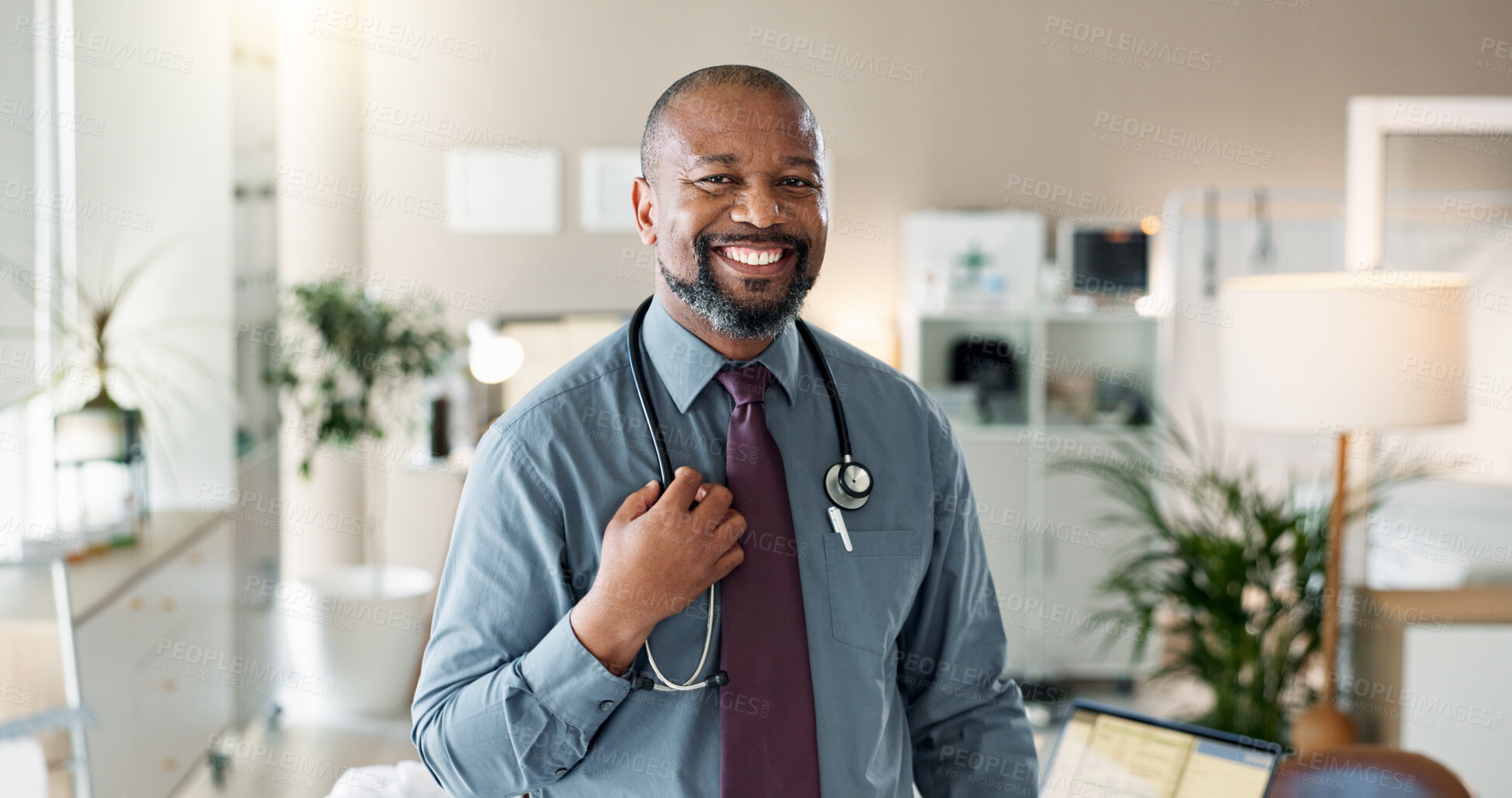 Buy stock photo Black man, portrait and doctor office with smile from healthcare, medical and consulting practice. Professional, confidence and happy with cardiologist, specialist and expert from Kenya in hospital 