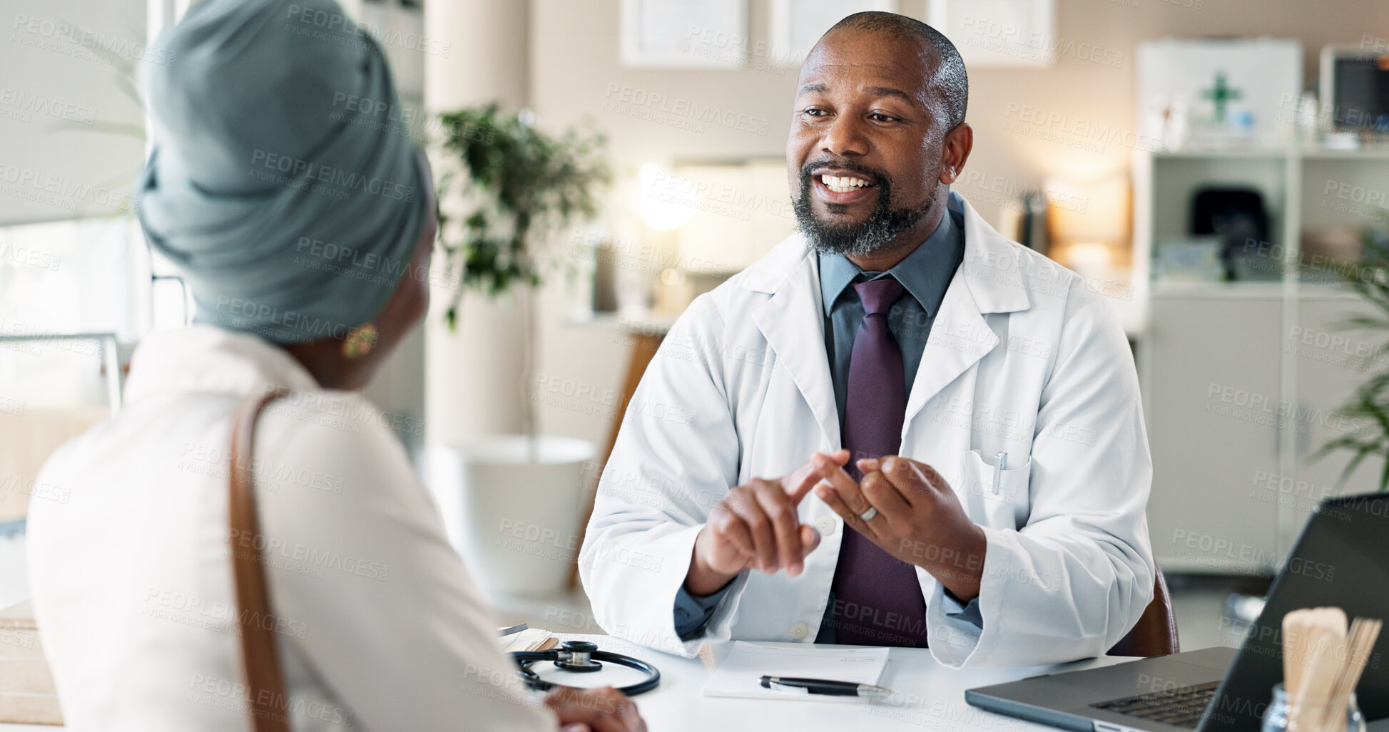 Buy stock photo Healthcare, smile or steps with doctor and patient in office at hospital for appointment, consulting or feedback. Advice, counting and medical professional man talking to person in clinic for checkup