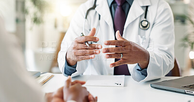 Buy stock photo Hands, doctor and discussion with patient in hospital for help, healthcare advice or insurance consultation. Closeup, people and medical professional explain treatment, checkup results and wellness