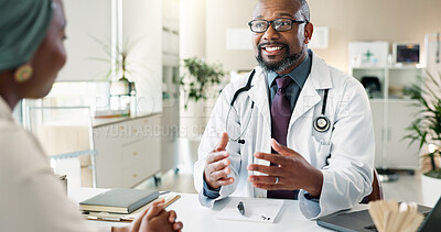 Buy stock photo Explain, medical and smile with doctor and patient in office at hospital for consulting or positive feedback. Discussion, hand gesture and healthcare professional man talking to person in clinic