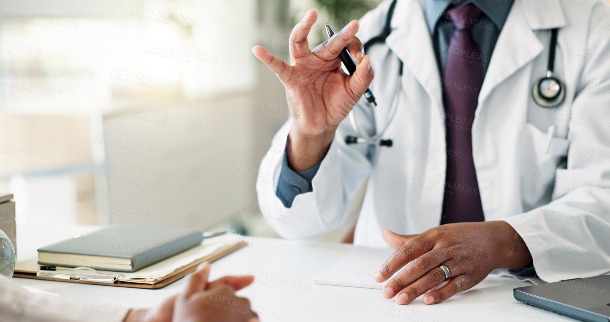 Buy stock photo Man, doctor and hands with patient for prescription, dosage or instructions at hospital. Closeup, male person or medical professional consulting with client for diagnosis, medication or side effects