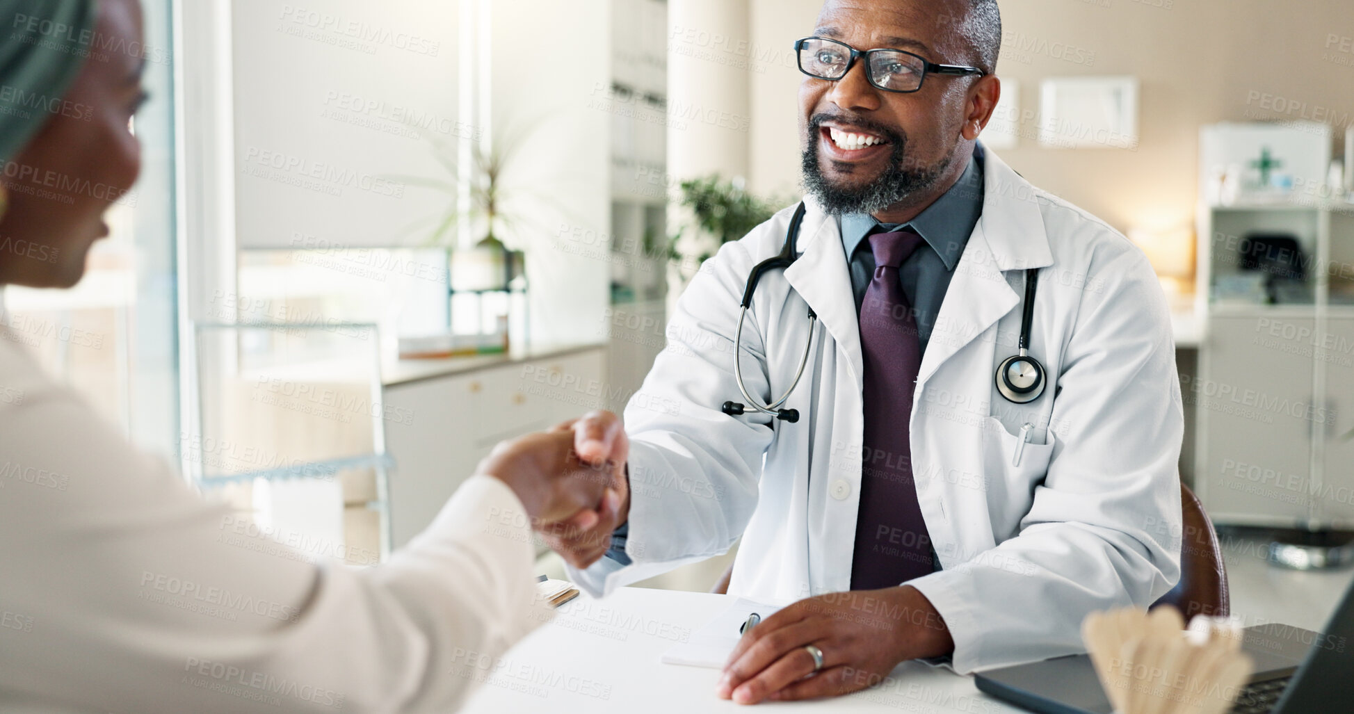 Buy stock photo Healthcare, shaking hands or smile with doctor and patient in office at hospital for consulting or greeting. Handshake, thank you or welcome with happy medical professional man and person in clinic