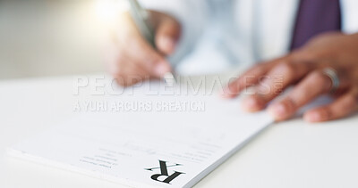 Buy stock photo Doctor, hands and writing in hospital for prescription, healthcare and medical certificate. Person, notes and pen in private clinic for dosage instruction, info or sign recommendation in consultation