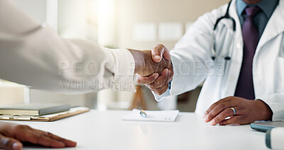 Buy stock photo Doctor, patient and shaking hands for consultation in clinic with welcome, greeting or thank you for service. Healthcare, professional and person handshake in office for diagnosis support and checkup