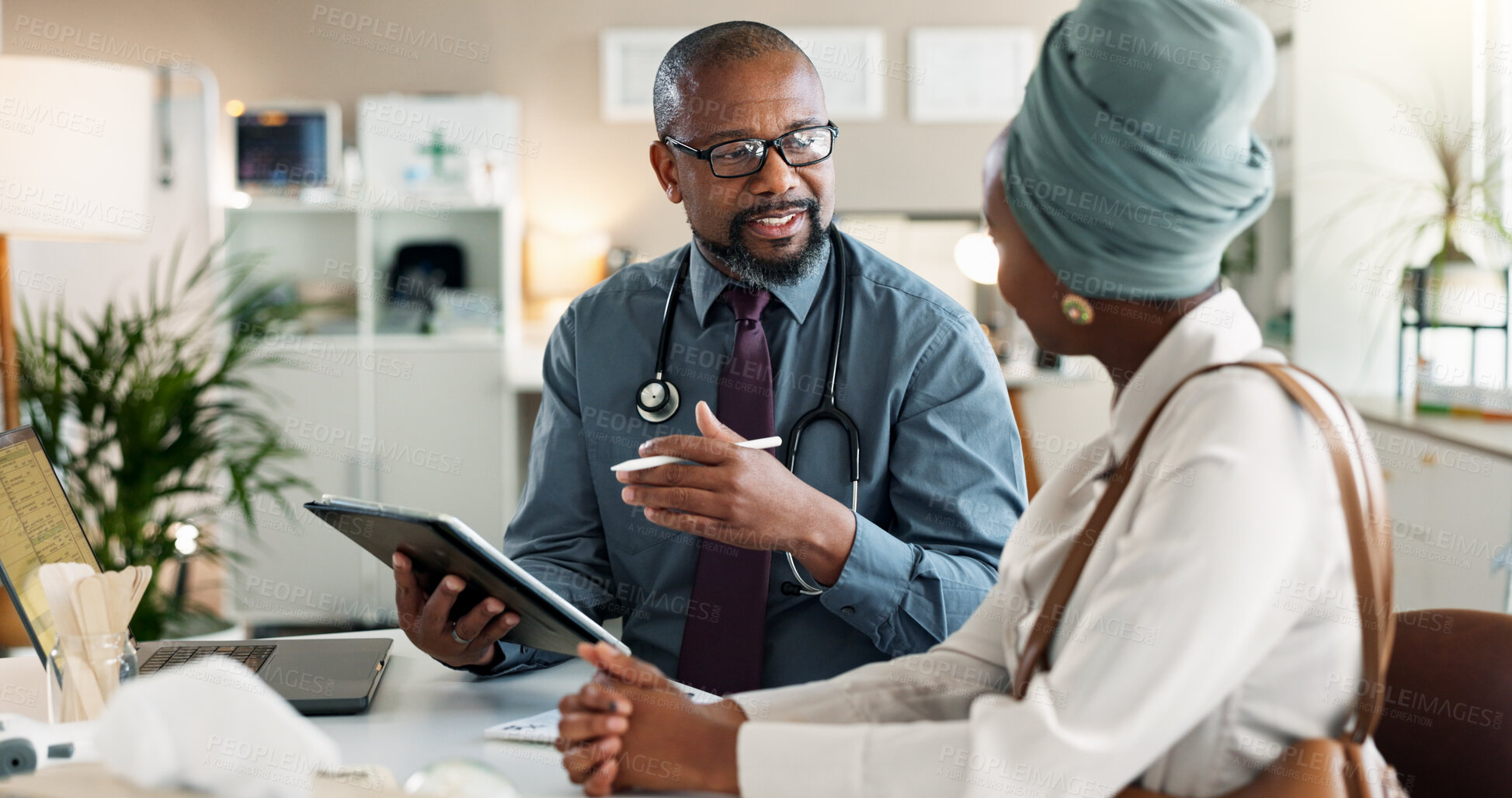 Buy stock photo Healthcare, medical or tablet with doctor and patient in office at hospital for consulting or positive feedback. Explain, help and medicine professional man talking to person in clinic for checkup