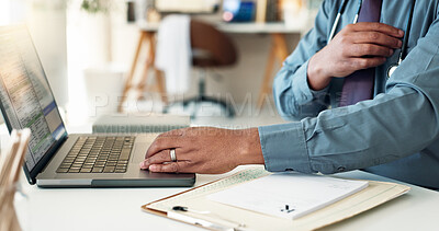 Buy stock photo Typing, doctor and hands with laptop, healthcare and information of health records, wellness or office in hospital. Planning, working and person with computer for info, medical professional or clinic