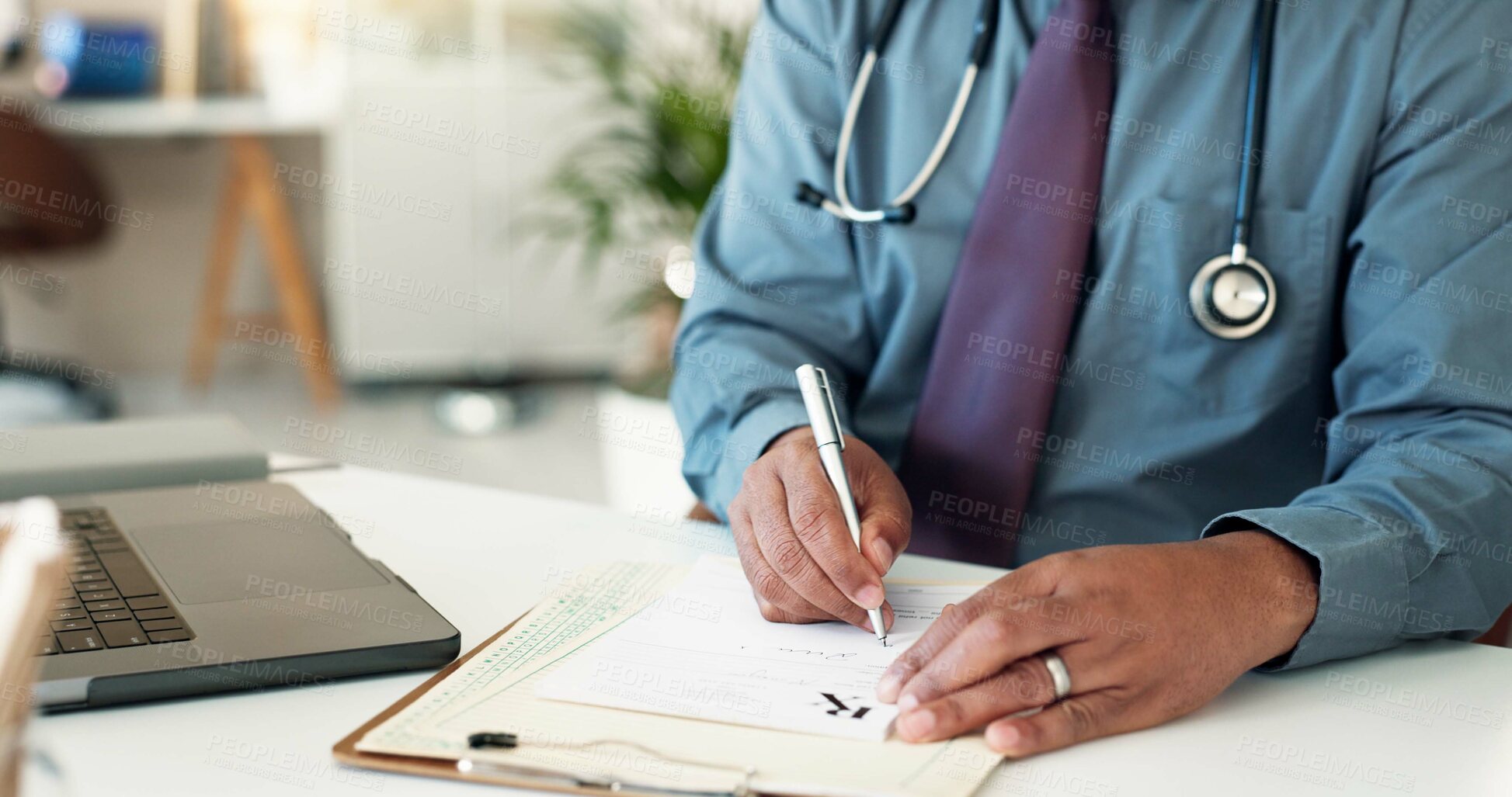 Buy stock photo Doctor, hands and writing in clinic for script, healthcare or medical certificate at tech. Person, notes or pen in private hospital for dosage instruction, info or sign recommendation in consultation