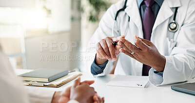 Buy stock photo Hands, doctor and consultation with patient in hospital for help, healthcare advice or insurance. Closeup, people and medical professional explain prescription, checkup results and wellness treatment