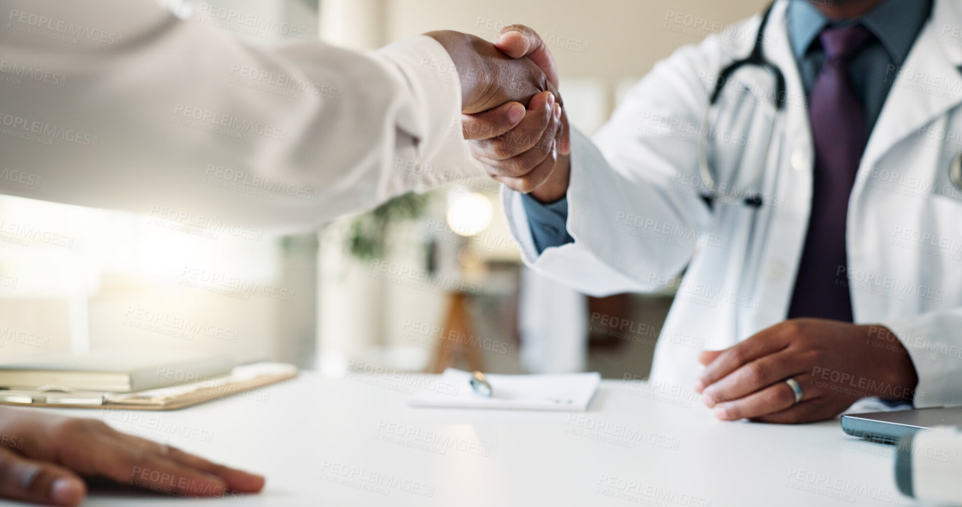 Buy stock photo Doctor, patient and handshake for consultation in clinic with welcome, greeting or thank you for service. Healthcare, professional and person shaking hands in office for diagnosis support and checkup