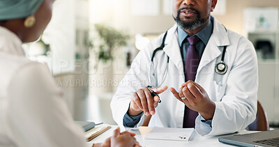 Buy stock photo Hands, doctor and consultation with people in hospital for help, healthcare advice or insurance. Talking, patient and medical professional explain prescription, checkup results and wellness treatment