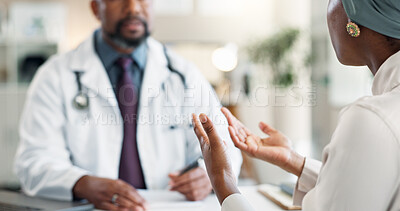 Buy stock photo Hands, doctor and consultation with patient in clinic for help, healthcare advice and insurance. Talking, people and explain symptoms to medical professional, checkup results and wellness treatment