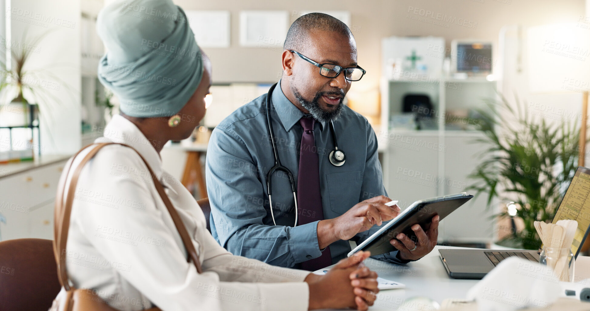 Buy stock photo Healthcare, results or tablet with doctor and patient in office at hospital for consulting or feedback. Explain, insurance and medical professional man talking to person in clinic for diagnosis