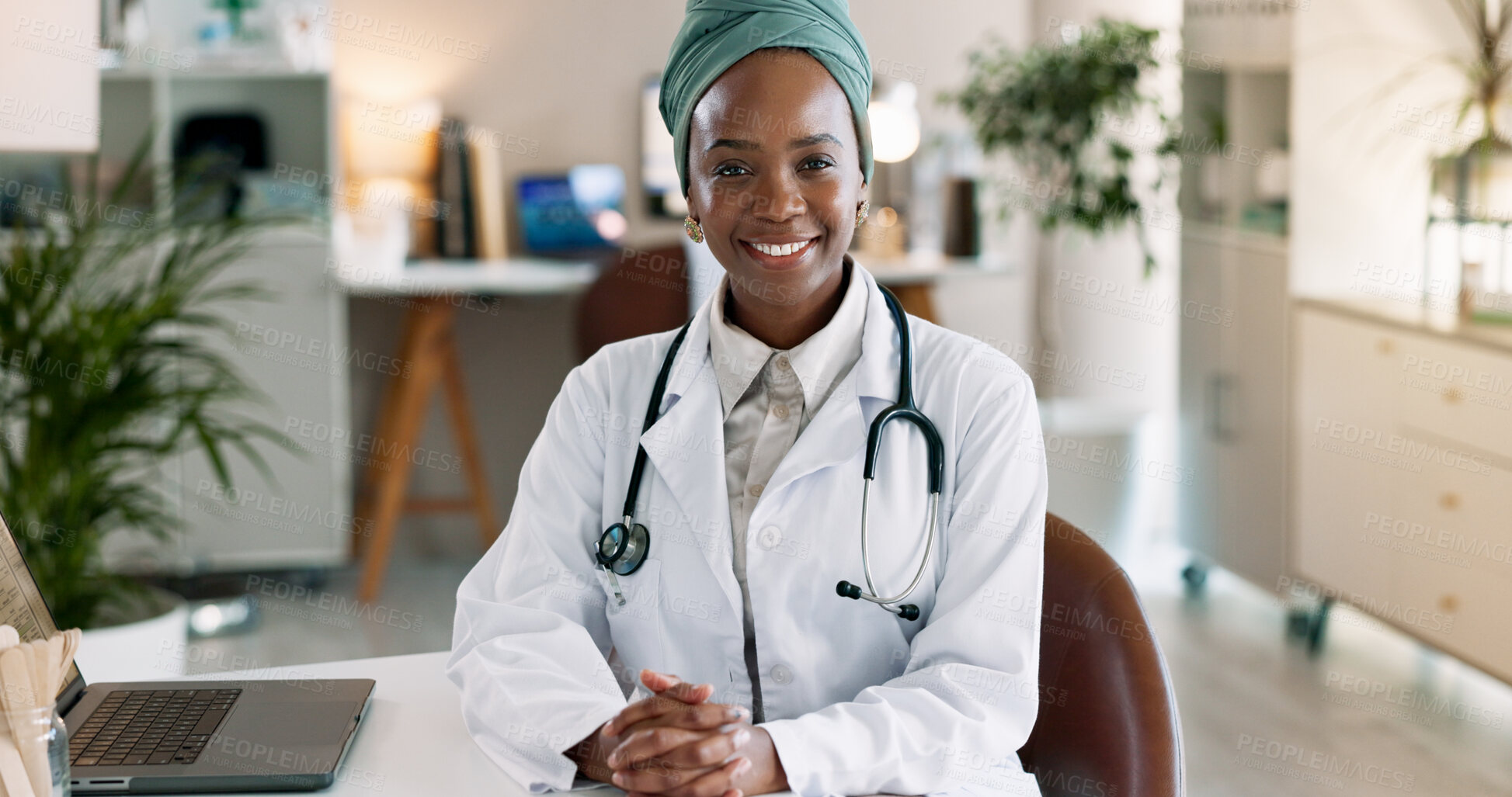 Buy stock photo Portrait, doctor and happy black woman in clinic office for healthcare service, medicine or cardiology. Face, smile and African medical professional, surgeon or confident expert in hospital in Rwanda