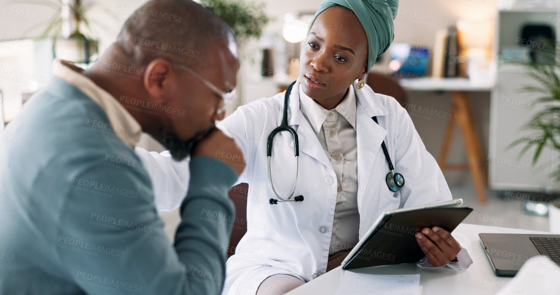 Buy stock photo Man, cough or doctor with tablet for healthcare, consulting or bronchitis diagnosis in clinic. Black people, asthma patient or tech in practice for lung test, appointment or help for chest infection