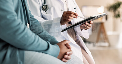 Buy stock photo Tablet, hands and person with doctor for consultation with cold, flu and sickness symptoms. Digital technology, conversation and patient with healthcare worker for medical diagnosis in clinic.